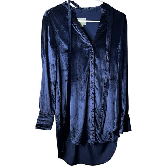 Maeve Blue Velvet Button Front Tie Neck Tunic Womens 6 Formal Dressy Holiday Fun - Picture 4 of 15
